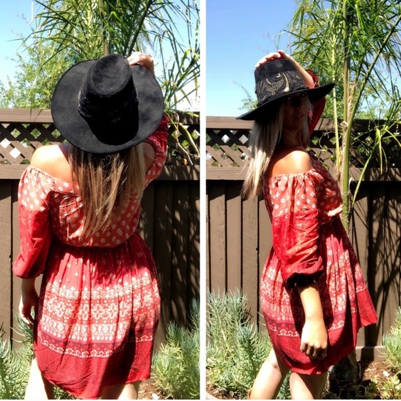 New! Clearance 🔥 Desert Red Boho Off theShoulders Ruffle Dress - Picture 12 of 15